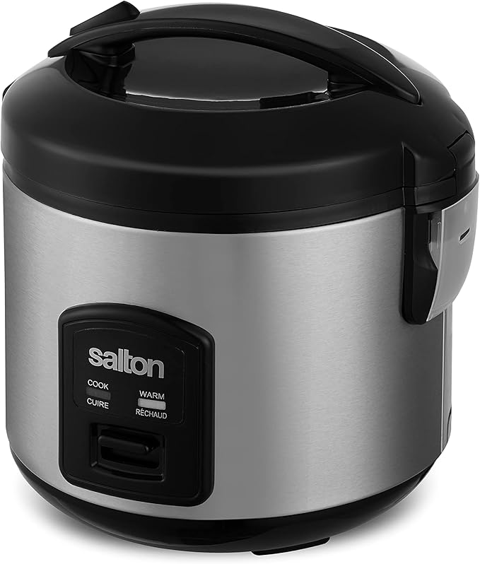 Salton 8 Cup Jar Style Automatic Rice Cooker with Food Steaming Basket Measuring Cup &amp Spatula Removable Non-Stick Cooking Bowl (RC2027)