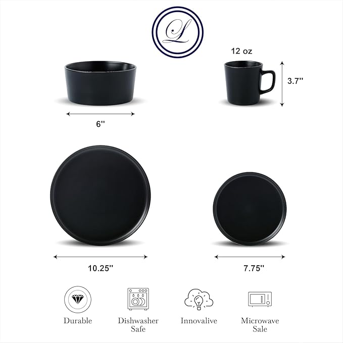 16 Piece Stoneware Dinnerware Set – Modern Matte Finish Plates and Bowls Microwave &amp Dishwasher Safe Service for 4 (Black)