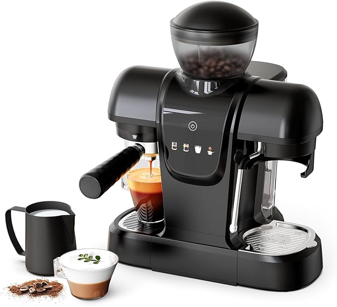 20 Bar Espresso Machine with Grinder &amp Steam Wand - Semi Automatic Coffee Maker NTC Intelligent Temp Control 58mm Stainless Steel Portafilter One-Touch Panel for Home Barista (Removable Water T
