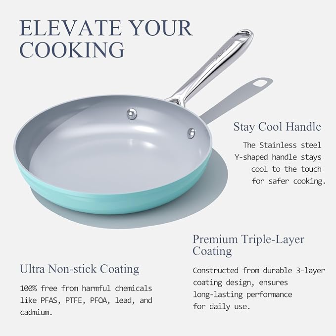 Ceramic Nonstick Cookware Set 8 Fry Pan &amp 4.5qt Dutch Oven PFAS/PTFE/PFOA Free Even Heat Distribution All Cooktops Compatible Oven Safe to 500°F (Caribbean Blue)