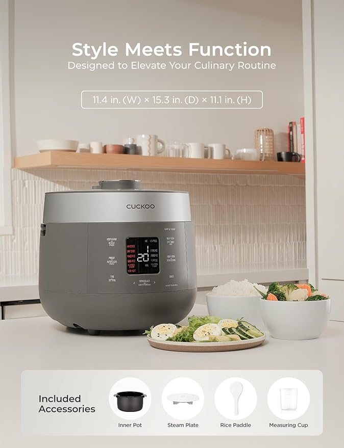 CUCKOO Twin Pressure Rice Cooker 10-Cup Uncooked / 20-Cup Cooked with Nonstick Inner Pot Large Rice Maker &amp Warmer with 16 Menu Options Open Cooking Mode Voice Guide Gray (CRP-ST1009FG)