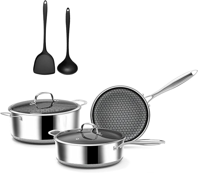 7-Piece 5 Ply Stainless Steel Cookware Set with Lids Pots and Pans Set Non Stick Non-Toxic for Induction Oven Dishwasher Safe RV Essentials Kitchen Appliances
