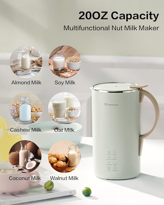 MOKKOM Nut Milk Maker Automatic Almond Milk Machine for Homemade Plant-Based Beverages Oats Soy Dairy Free 20 oz With Delay Start/Keep Warm/Self-Clean/Boiling Cardamom Green
