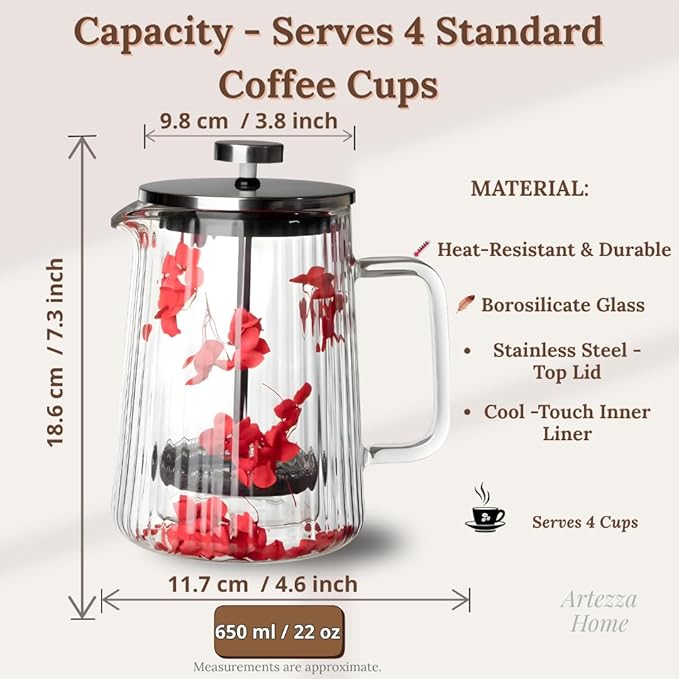 Glass French Press Coffee Maker 22oz (Red Floral) – Double-Wall Borosilicate Ribbed Coffee Press with Stainless Steel Filter Manual Coffee Brewer &amp Tea Press
