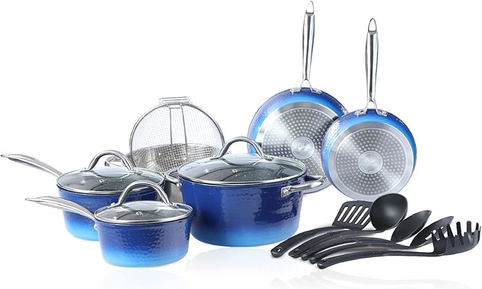 MAISON ARTS Kitchen Cookware Sets - 15 Piece Nonstick Pots and Pans Sets with Granite Hammered for Induction &amp Dishwasher Safe Oven Stovetop Blue