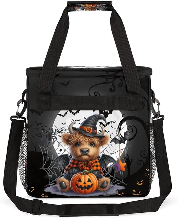 Halloween Alpine Cow Bat Pumpkin Coffee Maker Carring Bag Travel Carrying Storage Tote Bag Compatible with Keurig K-Mini or K-Mini Plus Portable Single Serve Coffee Brewer Case with Pockets