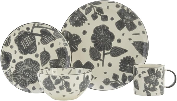 Gray and Ivory Sixteen Piece Round Floral Ceramic Service For Four Dinnerware Set