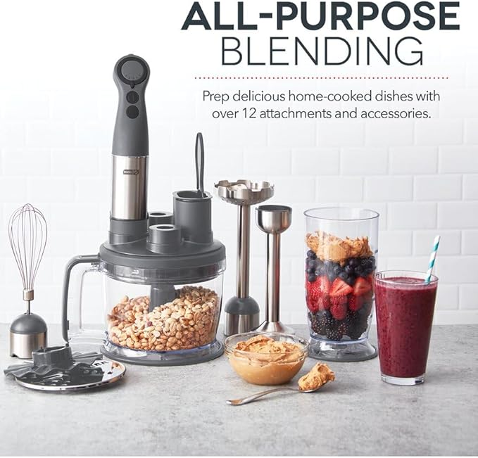 Dash Chef Series Deluxe Immersion Hand Blender 5 Speed Stick Blender with Stainless Steel Blades Dough Hooks Food Processor Grate Mash Slice Whisk Attachments and Recipe Guide – Cool Grey