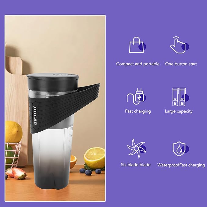 Portable Blender with 20000RPM Motor Rechargeable Battery 6 Stainless Steel Blades for Smoothies Shakes Home Outdoor (Black)