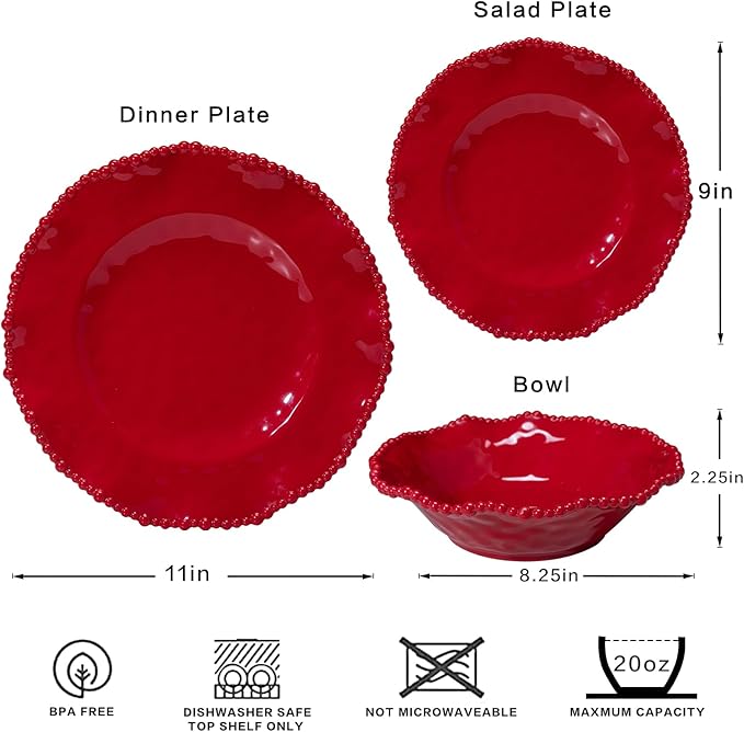 Christmas Red 18 Piece Beaded Melamine Dinnerware Sets Service for 6 Lightweight Unbreakable BPA Free With Scalloped rim Plates and Bowls Sets Dishwasher Safe Indoor and Outdoor Use