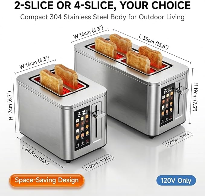Touch Screen Toaster 2 Slice Digital Stainless Steel Bread Toaster with Timer 1.5'' Wide Slot 6 Shade Settings &amp 6 Bread Types Bagel Defrost Reheat Cancel Functions