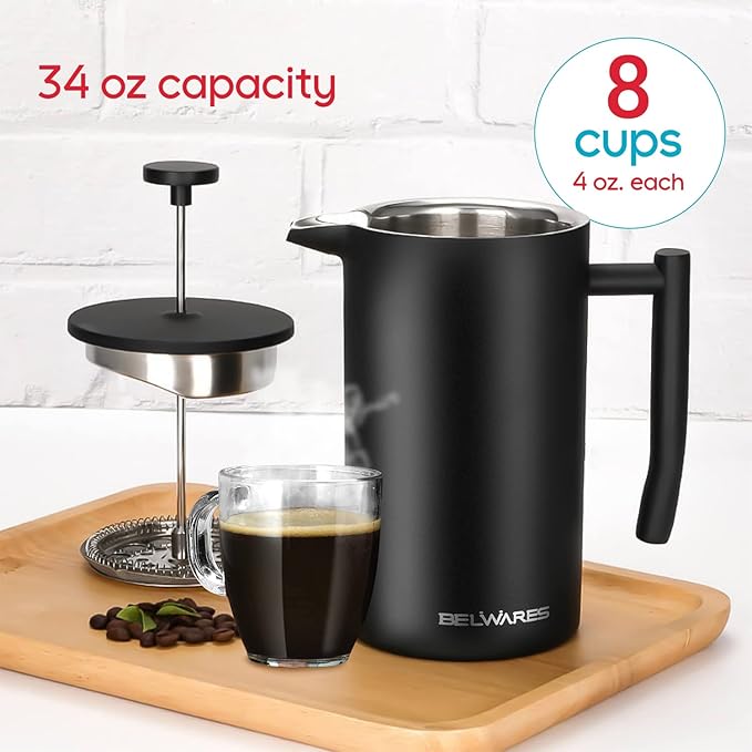 Belwares French Press Coffee Maker 34 Oz - Insulated Coffee Press Stainless Steel 304 - Double Wall &amp 4 Level Filtration System (1 Liter) - Black