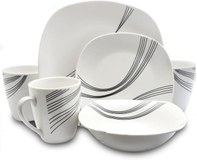16-Piece Soft Square White Dinnerware Set – Modern Fine China Dish Set with Black Linear Design Service for 4