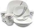 16-Piece Soft Square White Dinnerware Set – Modern Fine China Dish Set with Black Linear Design Service for 4