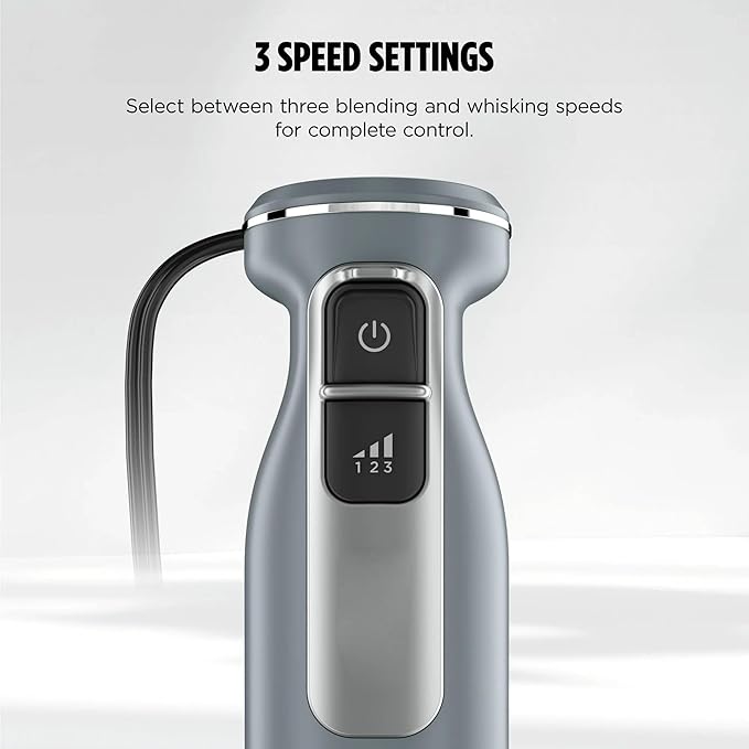 Immersion Hand Blender with Whisk Attachment 650 Watt Electric Stick Blender 3 Speed Handheld Blender with Blending Cup Dishwasher Safe Parts Gray
