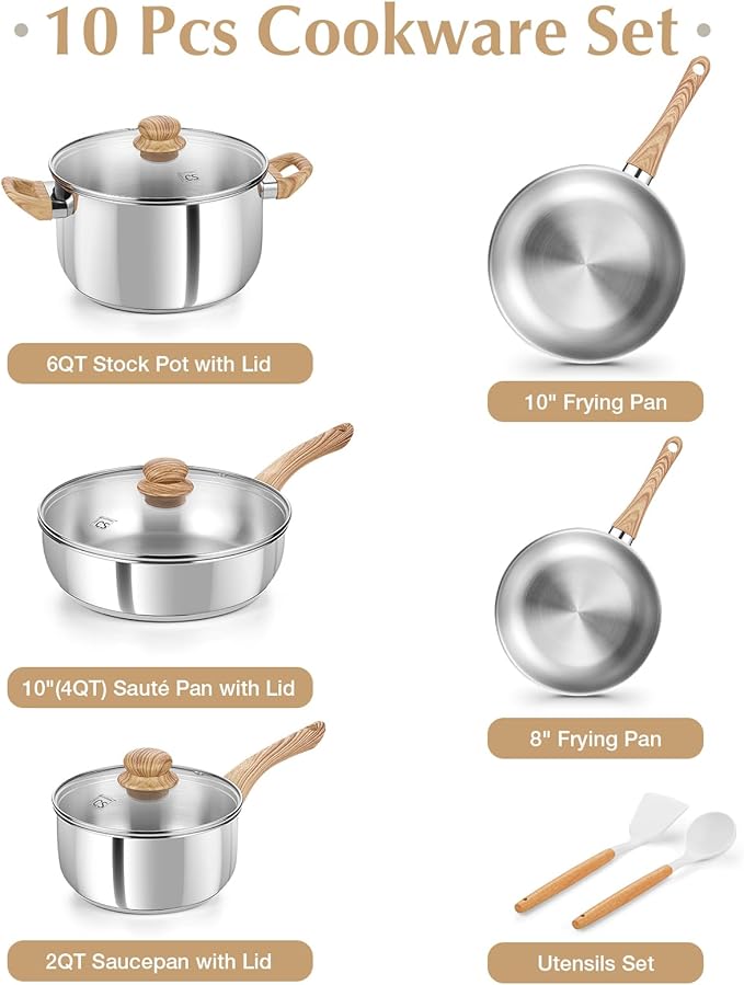 KOCH SYSTEME CS Stainless Steel Coowkare Set 10PCS Professional 18/10 Stainless Steel Pots and Pans Set with Cool-Touch Handles Tri-ply Base Kitchen Cookware Sets Cooking Set Induction Compatible