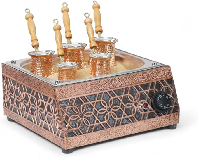 Traditional Handcrafted Copper Sand Coffee Maker Machine – With 5-Pots – 1000 W 110 Volt – Authentic Turkish Coffee Experience rich in foam