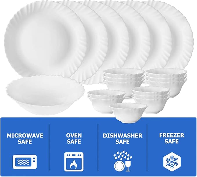 Borosil Gourmet Dinnerware Set For 6 19 Pieces White Dinner Plates and Bowls Sets Chip Resistant Tempered Opal Glass Stain Resistant Dishwasher &amp Microwave Safe Dinner Set For Gifting Serves