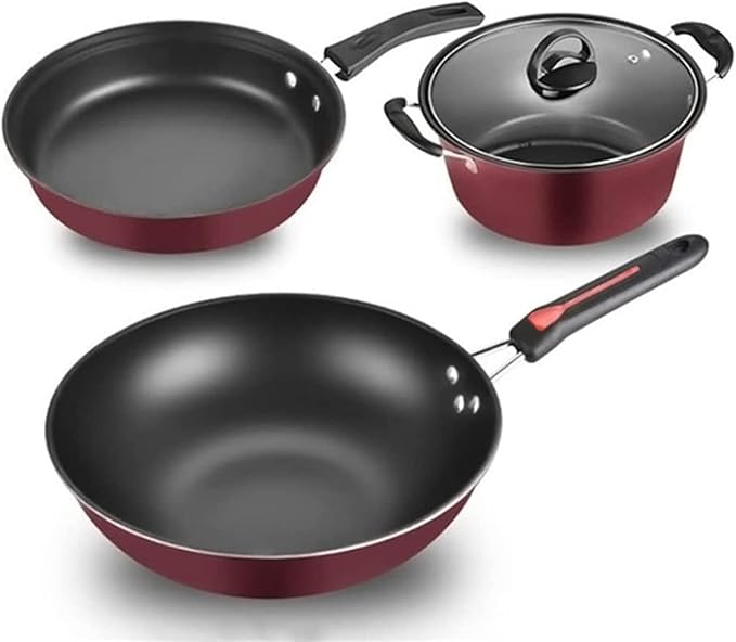 3 pcs Kitchen Cookware Set Flat Bottom Frying Pan Saucepan and Soup Pot Kit Multifunction Utensil Sets with Lids