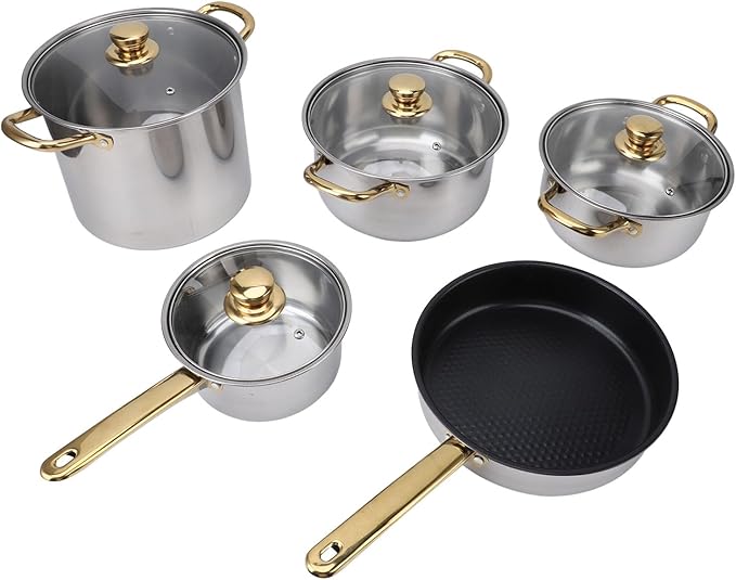 Asixxsix Stainless Steel Cookware Set Multifunctional Pots and Pans Set Fashionable Design Kitchen Induction Cookware with Glass Lids for Kitchen Cooking