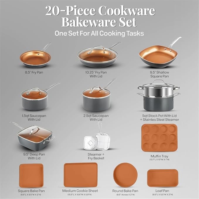 20 Piece Pots Pans Set Baking Tray Set Kitchen Ceramic Cookware Set Durable Nonstick Pots Pans Set with Lid Dishwasher10 Pc SetOne-20 Piece Set-One