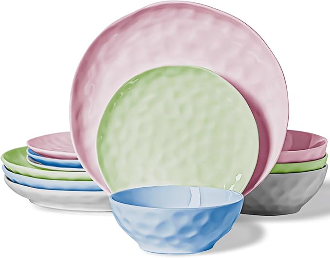 HOMBENE Plates and Bowls Sets Dinnerware Set 12 Piece Service Porcelain Dinnerware for 4 for Dessert Salad and Pasta Mixed Colors Dishes