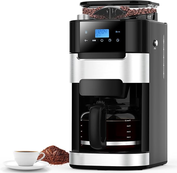 Joy Pebble 10-Cup Drip Coffee Maker with Built-in Grinder Touch-Screen Programmable Brew Coffee Machine with Timer 8 Grinding Settings Reusable Filter Keep Warm Plate 50.7oz Water Tank