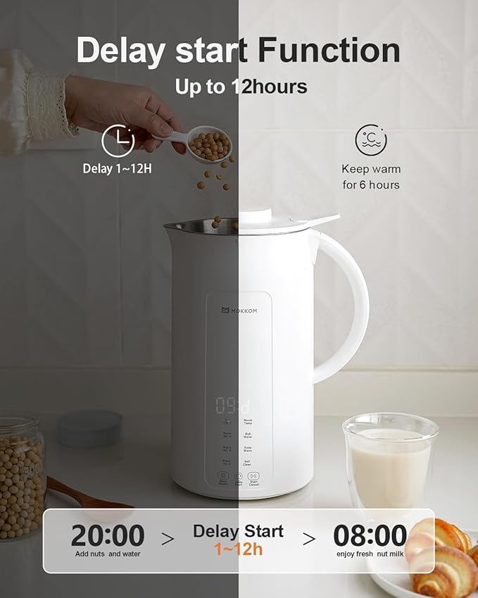 MOKKOM Nut Milk Maker 42oz Automatic Almond Milk Machine for Homemade Plant-Based Milk Oats Soy Dairy Free Beverages Soy Milk Maker with Delay Start/Keep Warm/Self-Cleaning/Boiling White