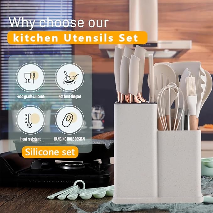 19 Piece Silicone Kitchen Utensil Set with Storage Bucket Non-Stick Cookware Tools Camping Chef Kit Food Grade Heat Resistant Silicone and Rust-Proof Coating