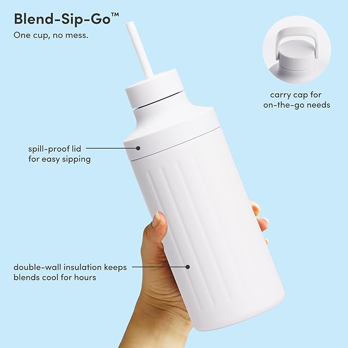 Beast Mini 600 Stainless Steel | Mini Countertop Kitchen Blender | Insulated Stainless Steel Vessel | Smoothies Shakes Dressings Sauces Dips | Portable Straw Caps and Lids | 600W (Cloud White)