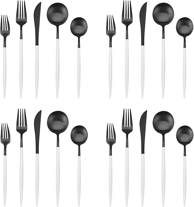 Matte Black Silverware Set with white handle Bysta 20-Piece Stainless Steel Flatware Set Kitchen Utensil Set Service for 4 Tableware Cutlery Set for Home and Restaurant Dishwasher Safe