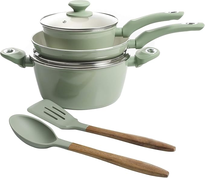 7 Piece Nonstick Aluminum Cookware Set Mint Green Pots and Pans Induction Compatible Kitchen Essentials (Mint Green)