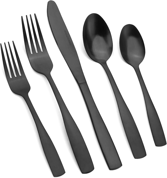Vanys 20-Piece Silverware Set Satin Finish Flatware Cutlery Set Service for 4 Knives/Forks/Spoons Included Dishwasher Safe (Matte Black)