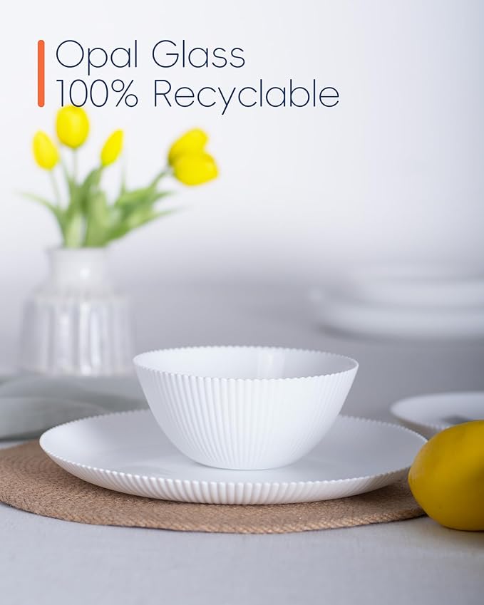 Dinnerware Sets for 4 12 Pieces Opal Glass Plates and Bowls Set Dishwasher and Microwave Safe Ribbed Dish Dinning Ware Chip and Scratch Resistant Dishware White