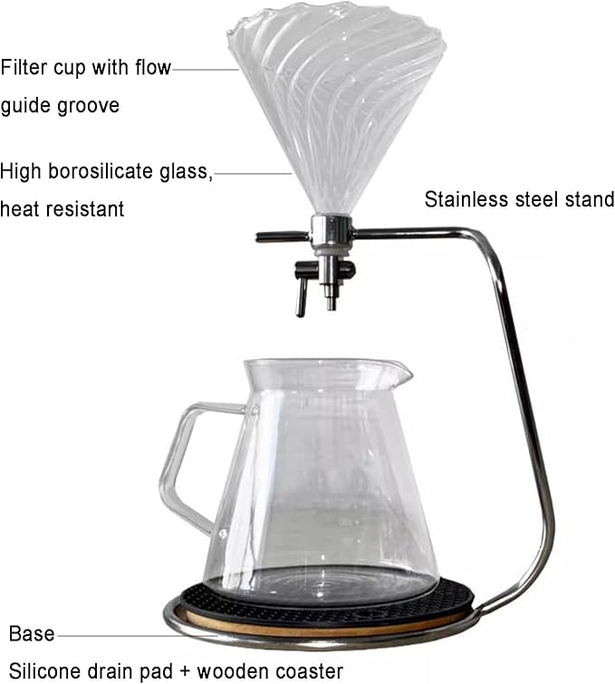 Pour Over Coffee Maker 600 Ml Glass Coffee &amp Tea Brewer with Stainless Steel Stand and Coaster Drip Filter Cup for Home or Office Makes 2-4 Cups