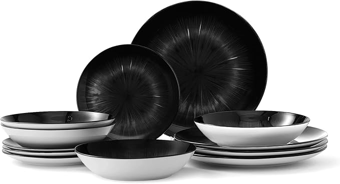 Bestone 12 Piece Round Kitchen Dinnerware SetsPlates and Bowls setsDishes Plates Bowls Dish SetPlates and BowlsService for 4 Chip Resistant Porcelain Starburst Turquoise Black