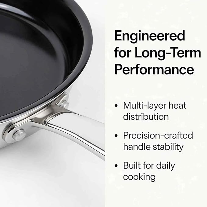 Alva Maestro 8 Inch Ceramic Nonstick Frying Pan | Stainless Steel Skillet | PFAS-Free 5-Ply | Induction Compatible | Oven Safe to 400°F | Non Stick Frying Pan for Everyday Cooking