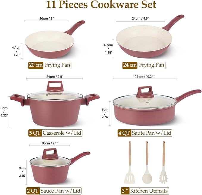 Pots and Pans Set Non Stick 11-Piece Nonstick Induction Cookware Set Non-Toxic Kitchen Cooking Set with Frying Pans Saucepan Stock Pot PFOA Free Red Brown