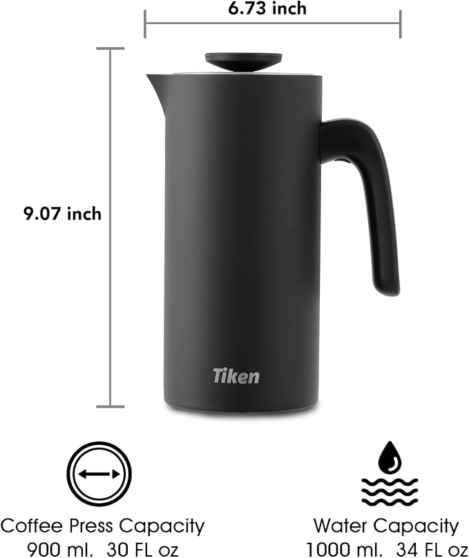 Tiken French Press Coffee Maker Stainless Steel Double-wall Vacuum Insulated Coffee Press Dishwasher Safe 34Oz Black