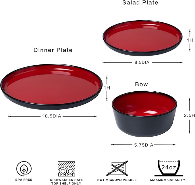 LEHAHA Melamine 12-Piece Modern Dinnerware Set Kitchen Plates and Bowls Sets Luxury 2 tone Red and Black Ceramic look Dish Set for 4.Christmas Luxury dinnerware dishes set.