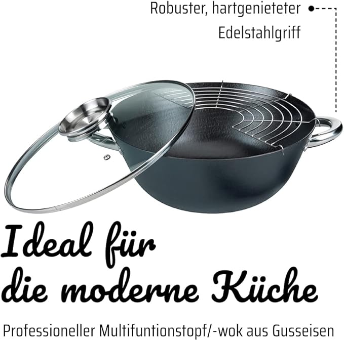 GSW - Germany 4 Piece 12.5 Inch Cast Iron Wok Set With Aroma Glass lid and Spatula