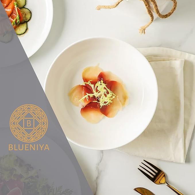 BLUENIYA 12 Piece Bone China Dinnerware Set - White Lightweight Chip &amp Break Resistant Dish Set for 4 - Modern Round Plates &amp Bowls Microwave &amp Dishwasher Safe for Everyday &amp Specia