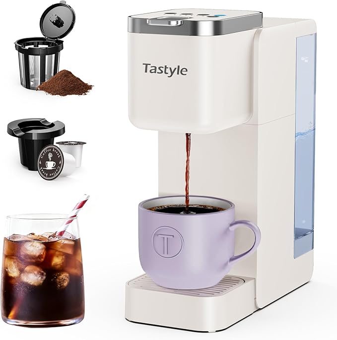 Single Serve Coffee Maker Iced and Hot Coffee Machine for K Cup &amp Grounds Compact Design 40oz Removable Water Reservoir 6 to 24 Oz Brew Sizes Fits 7.3 Travel Mug Beige