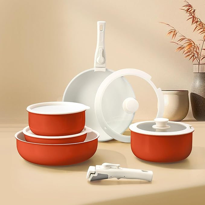 Cookware Set Non Stick 11 Piece Cookware Set with Detachable Handle Set Non Toxic Easily Clean Pot and Pans Set for Cooking Cookware Induction Orange