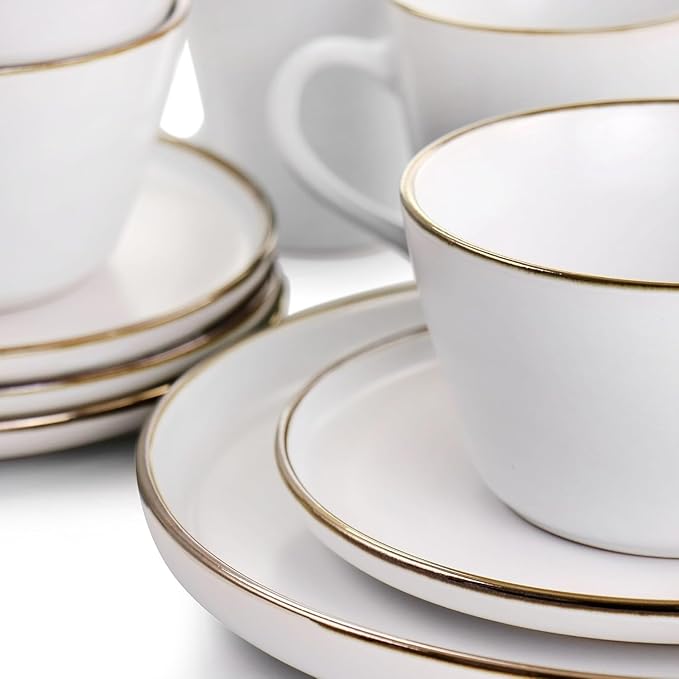 16 Piece Stoneware Dinnerware Set with Gold Rim – Matte Black White &amp Slate Plates Bowls and Mugs – Microwave &amp Dishwasher Safe Tableware Set for 4 (Matte White)
