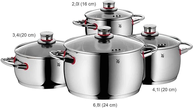 WMF cookware Set 4-Piece Quality One Vapor Hole Glass lid Cromargan Stainless Steel Brushed Suitable for All Stove Tops Including Induction Dishwasher-Safe
