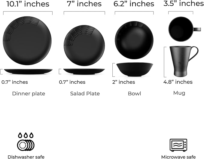 Nomnu Spiderweb Dinnerware Set (16 Pieces) - Goth Dinnerware Set - Black Matte Porcelain - 4 Dinner Plates 4 Salad Plates 4 Bowls 4 Mugs - Halloween Spooky Dishes Gothic Kitchen Decor Gifts