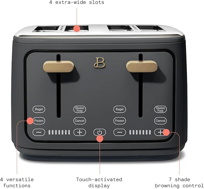 Toaster with Touch Activated Display by Drew BarrymoreExtra-Wide Slots 7 Settings Reheat Functions LED Countdown Timer (Oyster Gray)