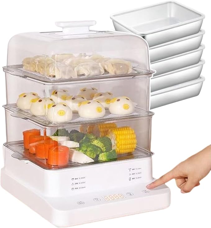 Electric Steam Cooker And Warming Device For Hot Food/3-Layer Rice Cookers with Display/Electric Stackable Food Steamer/Stainless Steel/Easy To Wash 800w