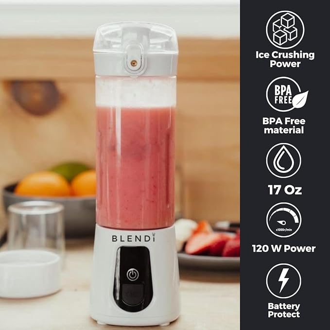 BLENDi Pro+ Portable Blender (17.5oz White) – Powerful Ice Crushing 120W Motor USB-C Rechargeable Cordless Personal Blender Smoothies &amp Shakes – BPA-Free Travel-Friendly